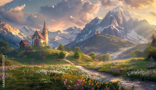 A beautiful and detailed realistic painting of an alpine landscape with mountains in the background, a small church on top of one mountain surrounded by flowers, green meadows and paths leading to i photo