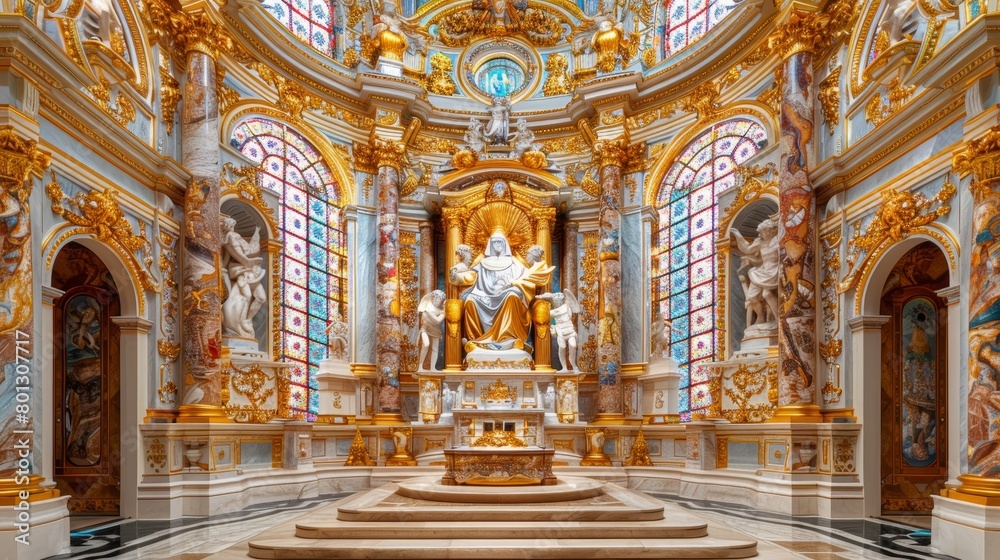The interior of a ornate church with marble columns, stained glass windows, and a golden altar.
