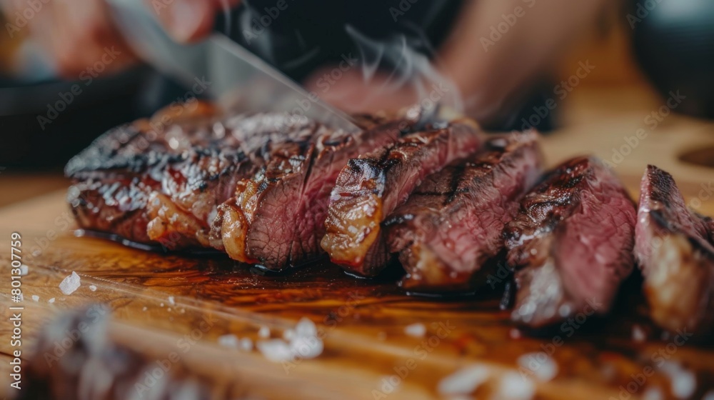 Close-up of a juicy steak being sliced on a wooden cutting board, revealing its tender and mouthwatering texture, perfect for steak lovers.