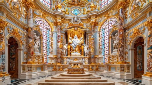 The interior of a ornate church with marble columns, stained glass windows, and a golden altar.