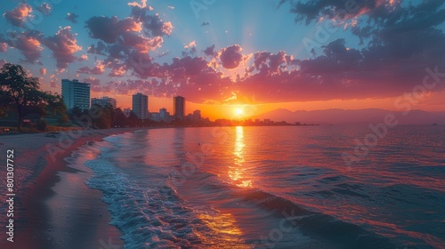 Capture the magnificent sunrise in Durres, reflecting vibrant hues in the Adriatic Sea. The city's skyline stands against a dramatic sky filled with clouds.