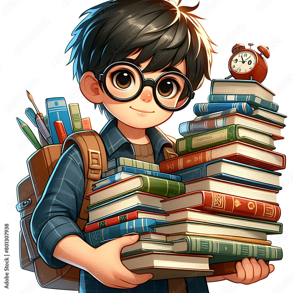 Boy with glasses holding a stack of books world book day