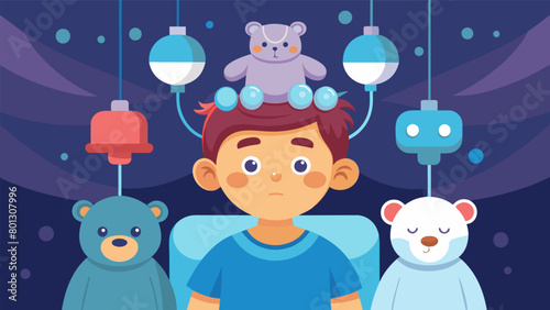 A child undergoing theutic dream manipulation surrounded by soft toys and a comforting atmosphere as the neurotechnology device on their head brings.