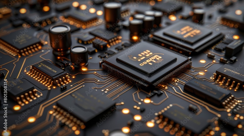 Computer Microchips and Processors on Electronic circuit board. Abstract technology microelectronics concept background.