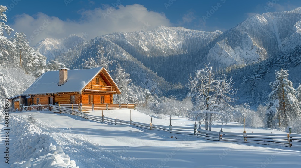 Stunning winter scene featuring a cozy wooden cabin surrounded by snow-covered mountains and forests under a bright blue sky.