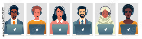 Diverse live chat operator avatar set. Call center agents with laptops and headphones. Online customer support service assistants. Client services and communicationconcept. Vector for web app forum