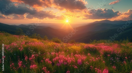 Vibrant sunrise illuminates a valley filled with pink and yellow wildflowers  surrounded by lush mountains under a colorful sky.