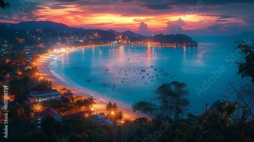 Sunset over Patong, Karon, and Kata beaches in Phuket. The dusky skies contrast beautifully with the illuminated beachfront and calm waters.