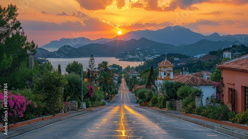 Breathtaking view of Zakynthos city during a vibrant spring sunset featuring a colorful sky, blooming flowers, and serene sea views.