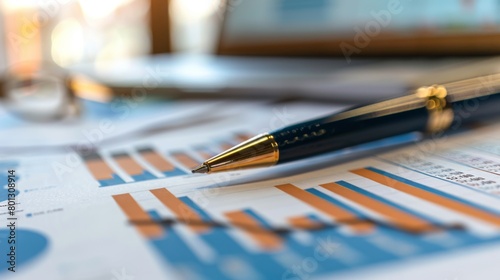 Close-up of a pen analyzing details on a financial report with a business graph in the background, illustrating thorough examination and analysis.