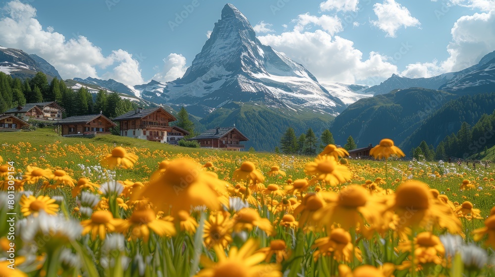 Zermatt In Spring Summer scene of Zermatt village under the towering Matterhorn. Alpine ...