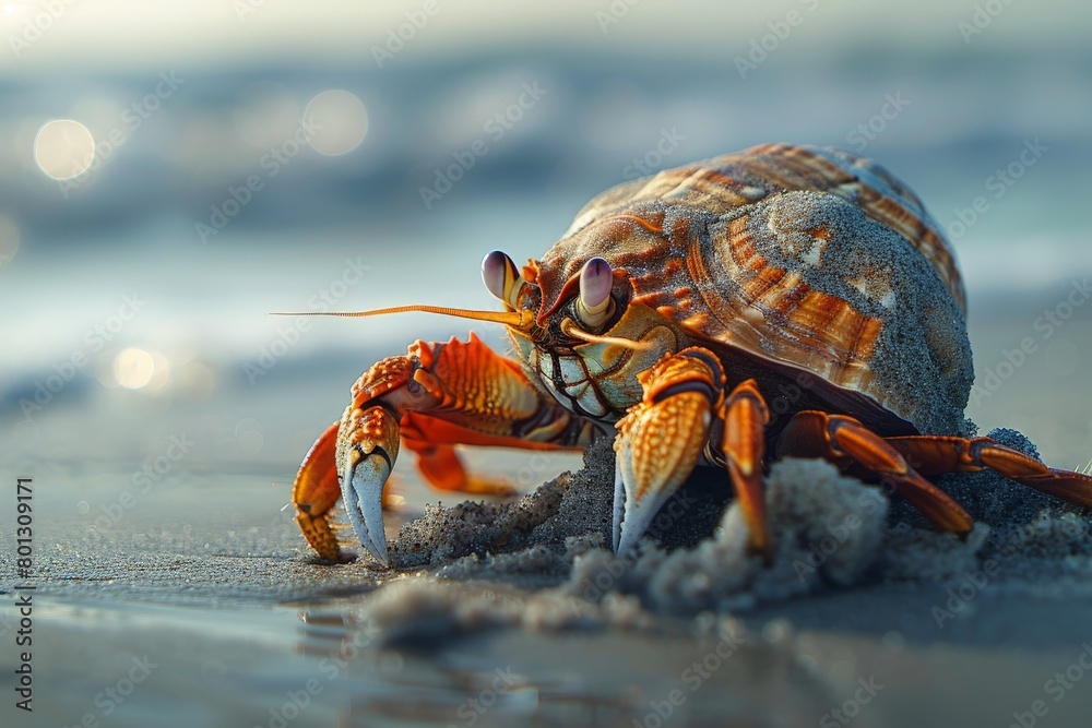 Hermit crab on the sandy shore.