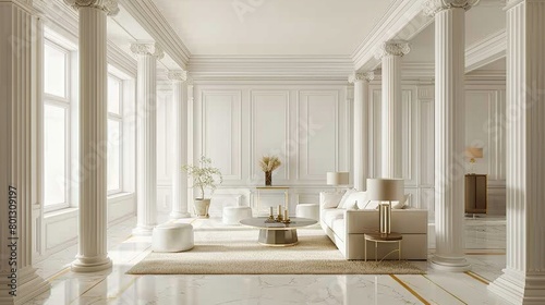 A classic interior of a luxurious white empty room. Decorated with doric columns, white marble floors and pillars. photo