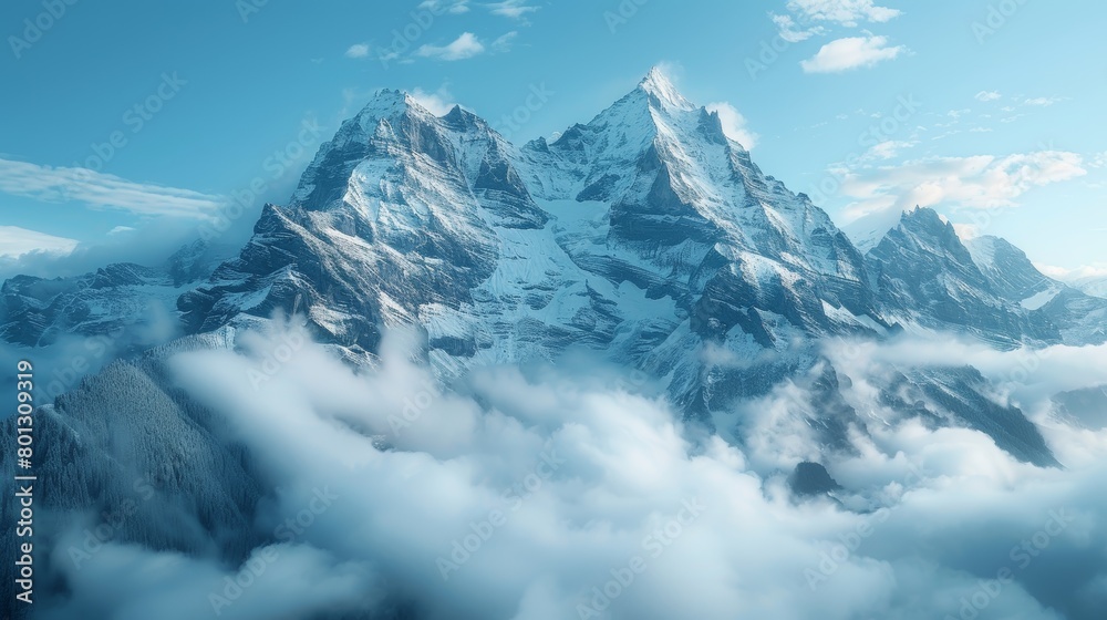 Stunning landscape image showcasing towering mountain peaks enveloped in a soft blanket of clouds, set against a vibrant blue sky.