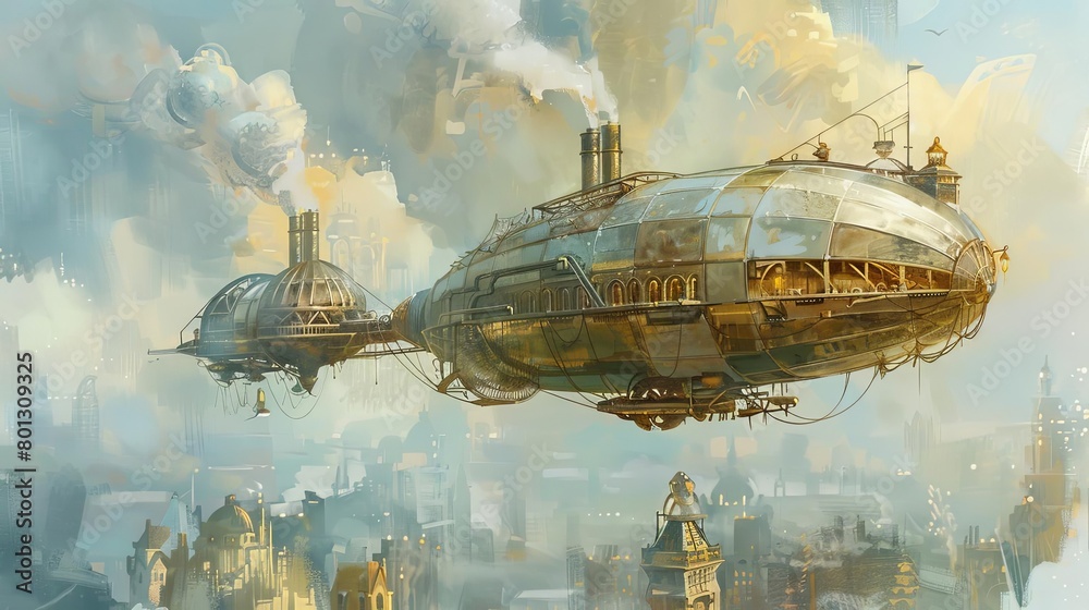 steam - powered airship flying over a cityscape steam - powered airship flying over a cityscape