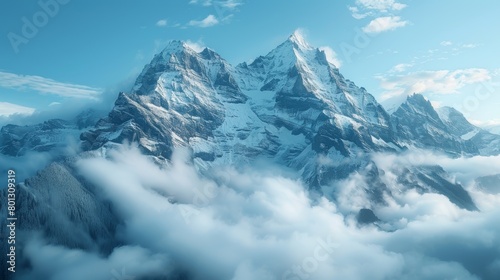 Stunning landscape image showcasing towering mountain peaks enveloped in a soft blanket of clouds  set against a vibrant blue sky.