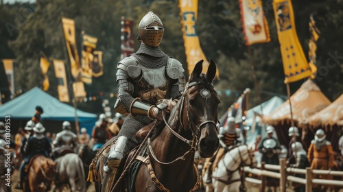 A knight in armor riding a horse at a medieval festival