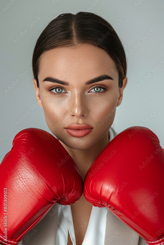 Corporate competition symbolism businesswoman in boxing gloves ready for professional challenges Corporate competition symbolism businesswoman in boxing gloves ready for professional challenges