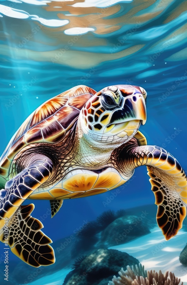 Obraz premium realistic underwater watercolor illustration of green turtle swimming under water at sea.