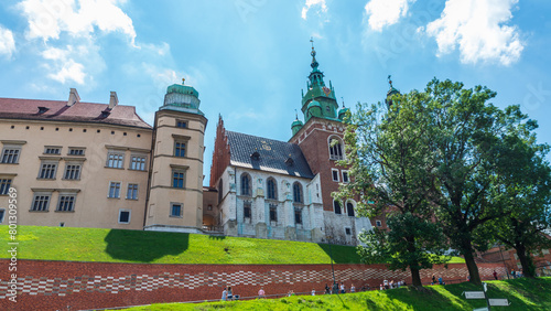 Sigismund Tower viewed from the bottom of Wavel hill in Kraków, Poland. The belfry contains four bells. It is part the Wawel Cathedral complex.