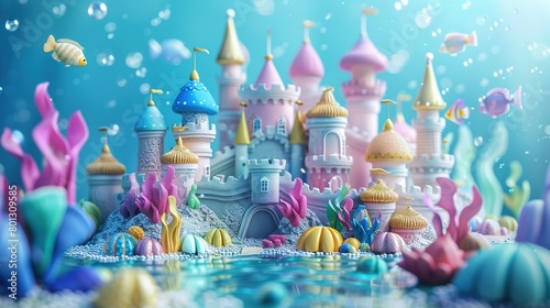 Magical mermaid themed birthday card mockup  A vibrant underwater scene featuring a fantastical castle surrounded by colorful corals and playful fish.