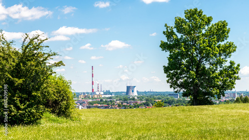 View of Kraków, Poland, seen from Krakus Mound. The Krakow-Leg power plant makes a disturbing contrast to the otherwise beautiful panoramic view.