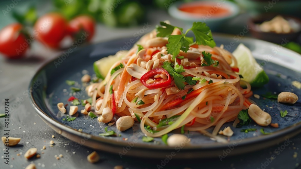 Close-up of a plate of Thai papaya salad garnished with peanuts and lime wedges, highlighting the balance of flavors and textures in this refreshing dish. Close-up of a plate of Thai papaya salad garnished with peanuts and lime wedges, highlighting the balance of flavors and textures in this refreshing dish.