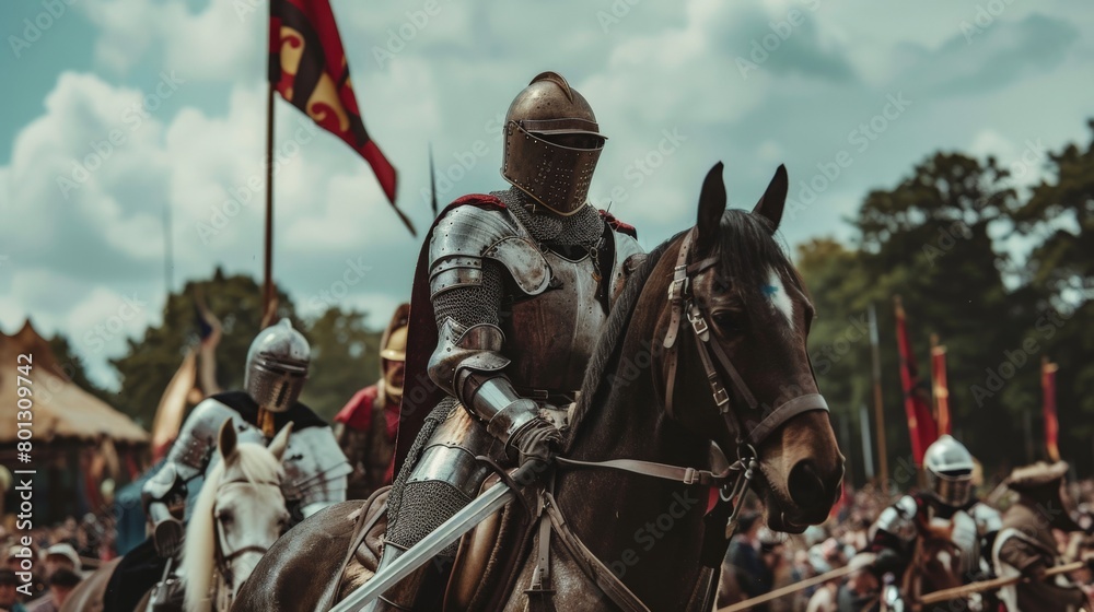 A knight in armor riding a horse at a medieval festival Stock Photo ...