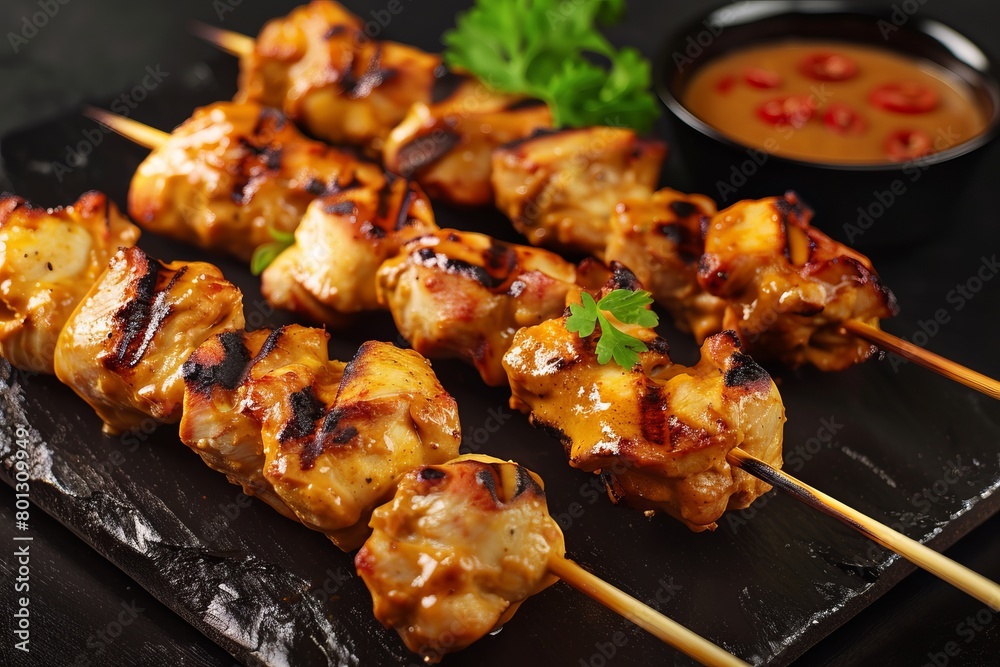 Chicken Satay on a plate with sauce 