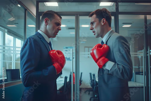 Furious men boxing battle in the office with business opponents wearing boxing gloves