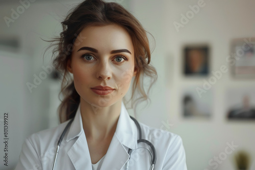 Young female doctor with a stethoscope dressed in a white medical uniform in a hospital