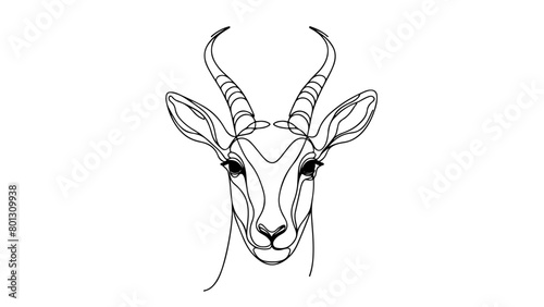 A continuous line drawing depicting the frontal view of a wild gazelle head, created in a min