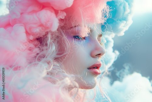 Attractive face of a young woman in clouds of colored pastel smoke closeup.