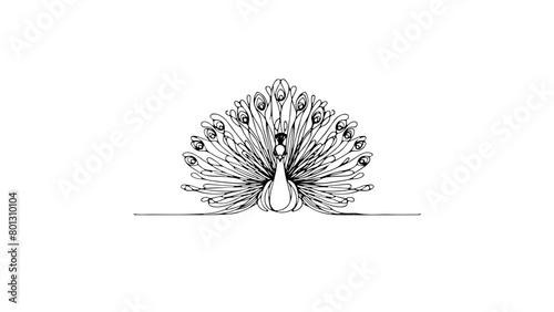 A continuous line drawing of a peacock viewed from the front