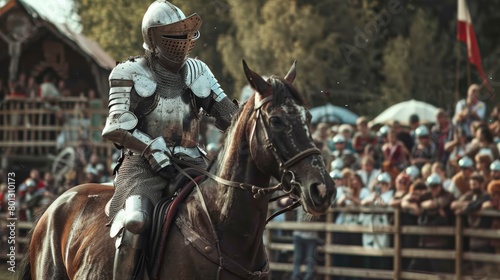 A knight in armor riding a horse at a medieval festival