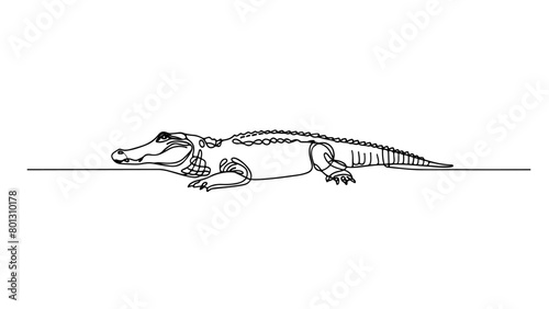 A continuous line drawing of a realistic alligator depicted in a single, unbroken line