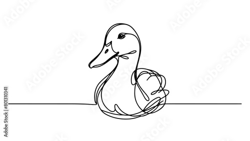 A continuous line drawing of a realistic duck on water