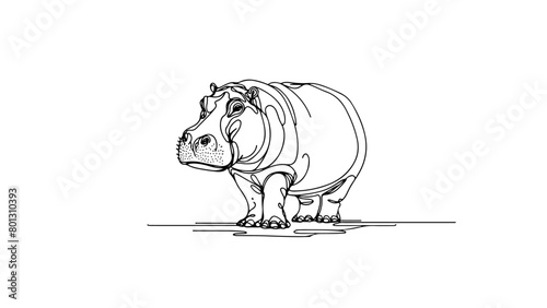 A continuous line drawing of a realistic hippopotamus