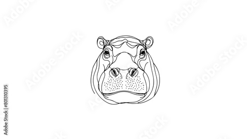 A continuous line drawing of a realistic hippopotamus head