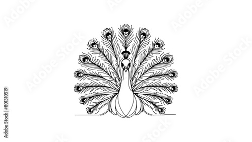 A continuous line drawing of a realistic peacock in frontal view