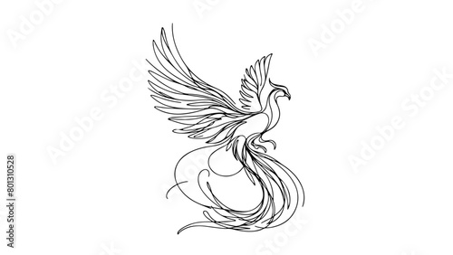 A continuous line drawing of a realistic phoenix