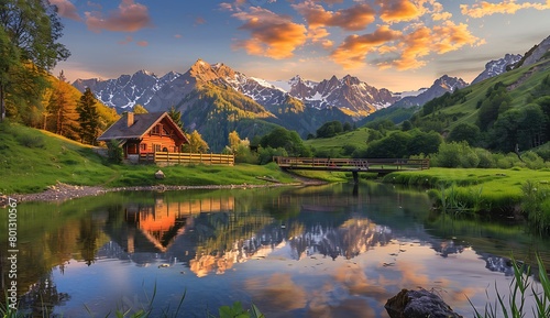 A picturesque scene of the Alps with majestic mountains, lush greenery, and an idyllic cabin nestled beside a serene lake reflecting the colorful sky at sunset. © NS