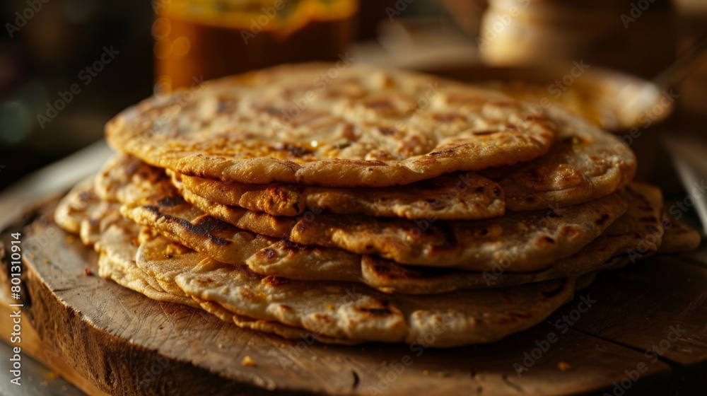 Close-up of a stack of freshly cooked paratha breads served on a rustic wooden board, inviting viewers to tear off a piece and enjoy the warm and fluffy texture. Close-up of a stack of freshly cooked paratha breads served on a rustic wooden board, inviting viewers to tear off a piece and enjoy the warm and fluffy texture.