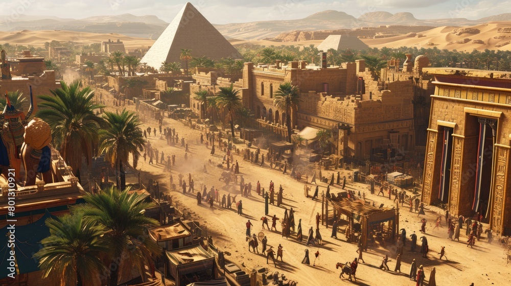Naklejka premium An ancient Egyptian city at the peak of its glory, with pyramids, Sphinx, and bustling markets. Resplendent.