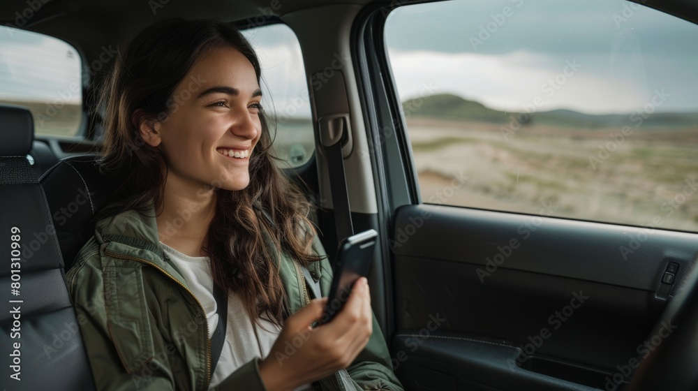 Woman, road trip, phone, GPS, and summer vacation holiday direction map. Happy traveler in automobile for adventure travel with 5g mobile technology for fun internet gaming Woman, road trip, phone, GPS, and summer vacation holiday direction map. Happy traveler in automobile for adventure travel with 5g mobile technology for fun internet gaming