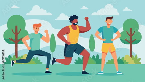 Clad in comfortable workout gear a group of men engage in a highintensity interval training session in the park using physical exertion as a way to.