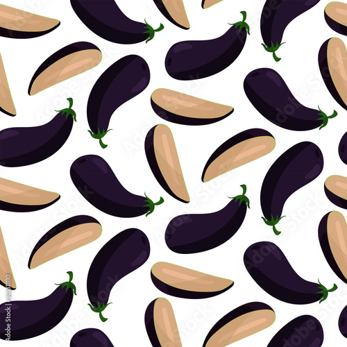 A pattern of whole and halved eggplants, showing bright purple shades and organic shapes. It is ideal for culinary design, food-themed materials. Seamless sliced vegetables as falling ingredients