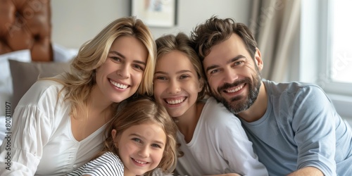 Happy Caucasian family of four in pajamas sleeping at home. Two children sleeping on their loving parents. Cute girls cuddling with their parents during sleep © LukaszDesign