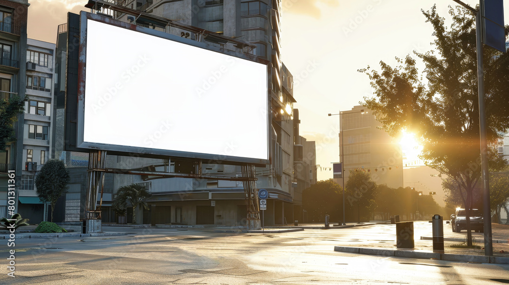 A modern city street filled with traffic, pedestrians, and a prominent billboard in the center advertising a mockup product A modern city street filled with traffic, pedestrians, and a prominent billboard in the center advertising a mockup product