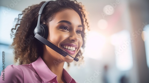 Strange smiling mixed-race call center agent talking to consumers using a Bluetooth headset. Hispanic office worker fielding calls and serving clients. Customer service agent woman s headshot